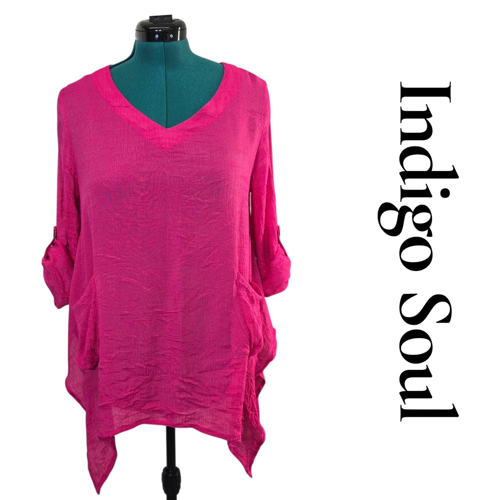 Indigo Soul Pink‎ Crinkle Gauze V-Neck Tunic Top Roll Tab Sleeves Pockets M